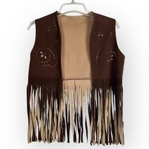 Festival Coachella Western 70's Vintage Bohemian Brown Cropped Fringe Vest Small